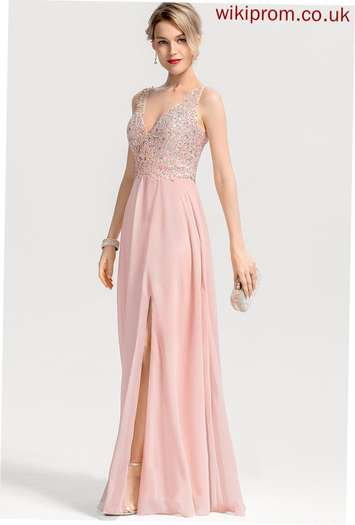 Beading Chiffon Floor-Length A-Line With Mabel Prom Dresses V-neck Sequins