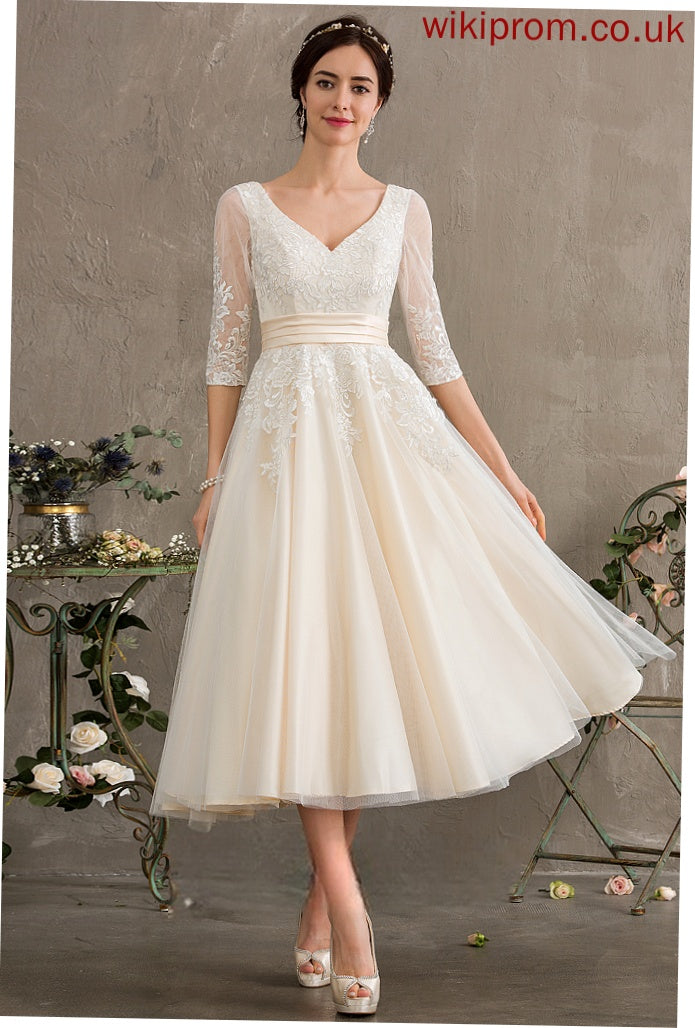 Tea-Length Tulle Dress Alisa Wedding Dresses Ball-Gown/Princess Lace Wedding V-neck