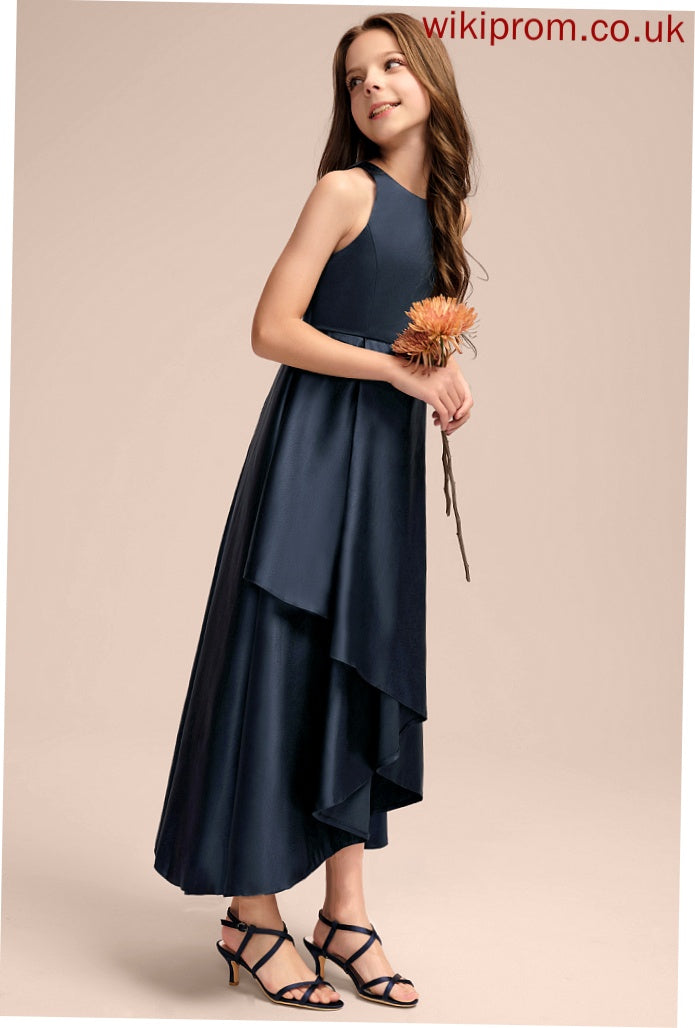 Neck Cascading A-Line Junior Bridesmaid Dresses Ruffles Satin With Asymmetrical Scoop Marina