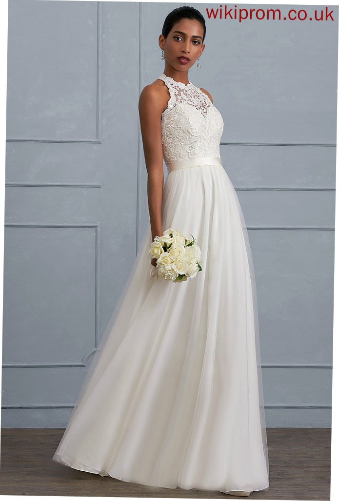 Kali Lace Neck Wedding Dresses Tulle Floor-Length Dress Scoop Charmeuse A-Line Wedding