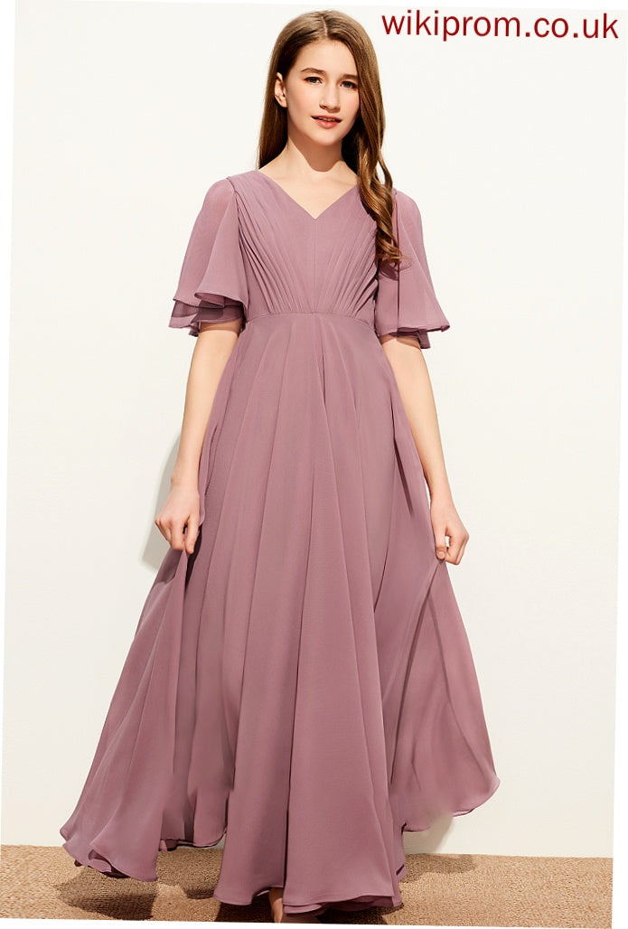 A-Line Ruffle With Chiffon Floor-Length V-neck Junior Bridesmaid Dresses Kara