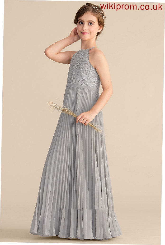 A-Line Scoop Ginny Junior Bridesmaid Dresses With Floor-Length Neck Chiffon Pleated Lace