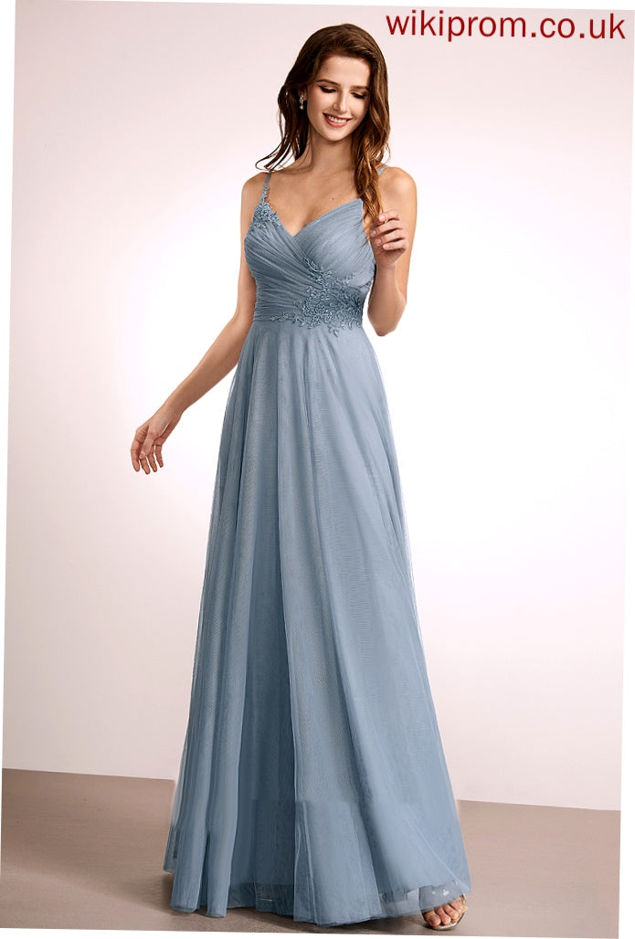 Straps&Sleeves Neckline Silhouette Floor-Length Tulle Fabric A-Line Lace V-neck Length Kaitlyn Bridesmaid Dresses