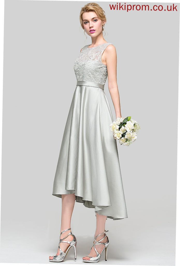 Length Straps Fabric Asymmetrical Silhouette Satin ScoopNeck Lace Neckline A-Line Itzel Bridesmaid Dresses