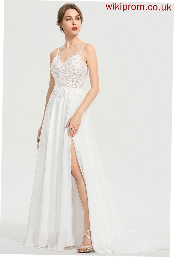 A-Line Chiffon Train Split Lace Wedding Dresses Wedding Front With Kaydence Dress V-neck Sweep