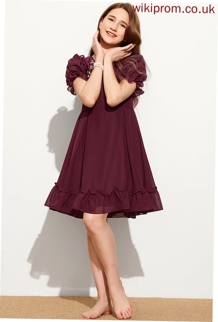 Knee-Length Junior Bridesmaid Dresses Chiffon Londyn Cascading Scoop Neck Ruffles Bow(s) With A-Line