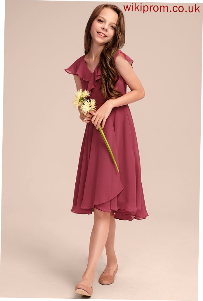 Ruffles With Josephine Cascading Junior Bridesmaid Dresses Chiffon A-Line V-neck Asymmetrical