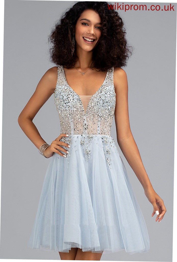 Jess Homecoming Dress Sequins Short/Mini Tulle V-neck With Beading A-Line Homecoming Dresses