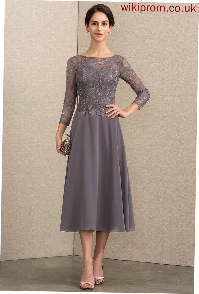 Chiffon Neck A-Line Sequins Cocktail Scoop Sabrina Cocktail Dresses Lace Tea-Length With Dress