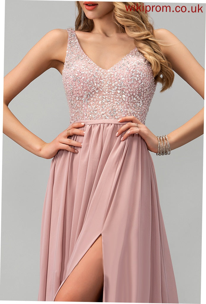 Sequins Floor-Length Hillary V-neck Chiffon A-Line With Beading Prom Dresses