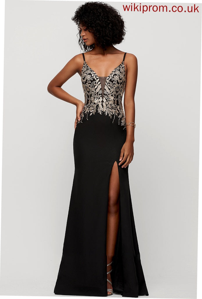 Stretch Sequins Prom Dresses Floor-Length With Front Trumpet/Mermaid V-neck Elsie Split Crepe