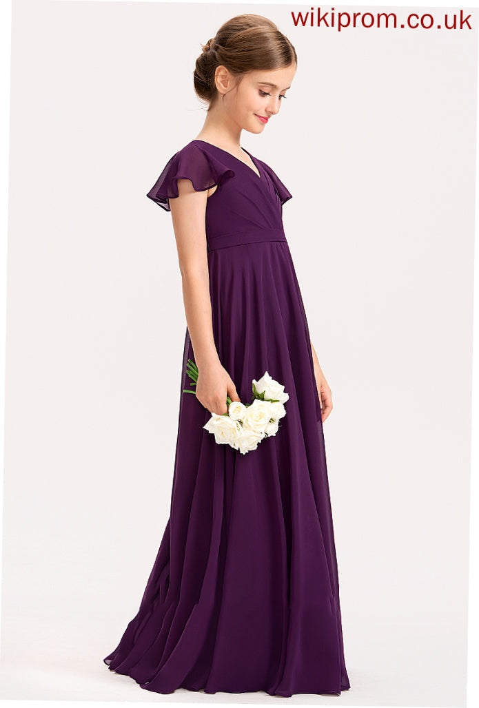 Bow(s) A-Line With Cascading Ruffles Floor-Length Junior Bridesmaid Dresses V-neck Chiffon Lizeth