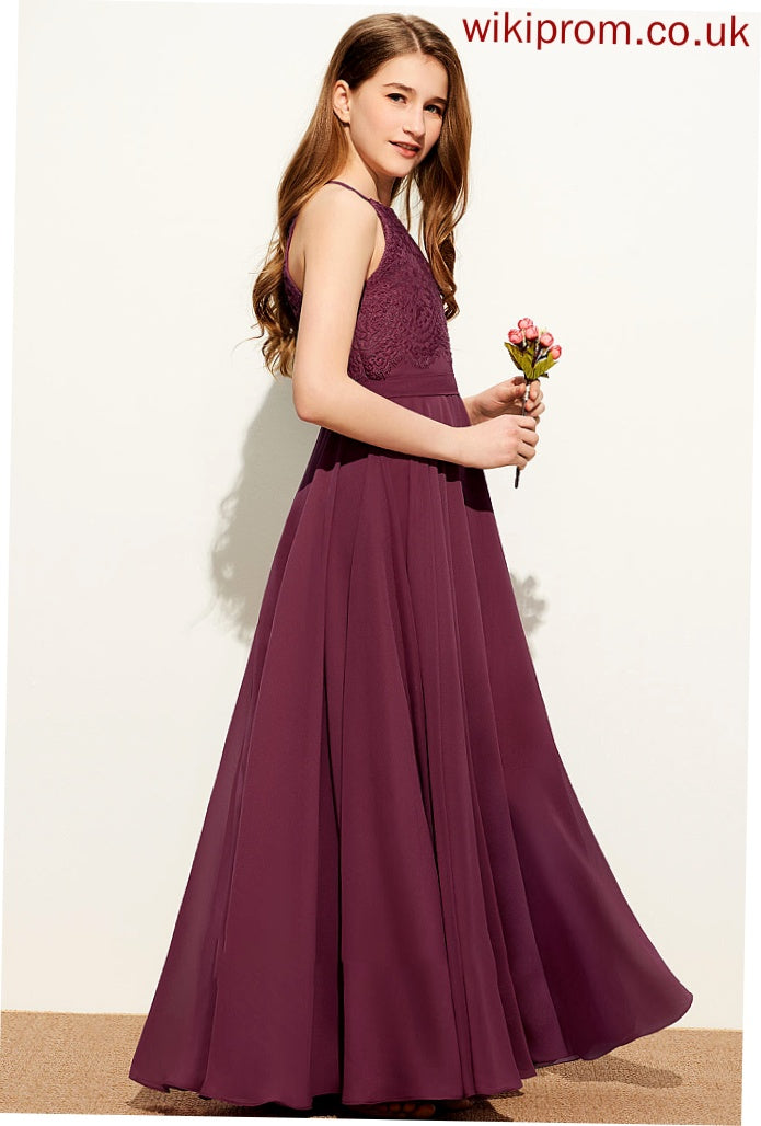 Square Lace Junior Bridesmaid Dresses Chiffon A-Line Floor-Length Neckline Cristal