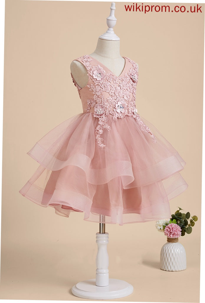 With Thelma Flower Girl - Beading/Flower(s)/Sequins Sleeveless Knee-length Tulle/Lace V-neck Dress A-Line Flower Girl Dresses