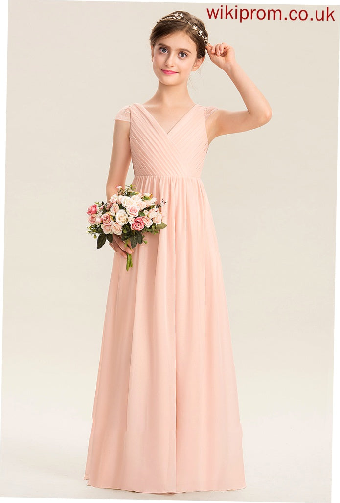 Floor-Length Ruffle With Junior Bridesmaid Dresses Hadassah Chiffon V-neck Lace A-Line