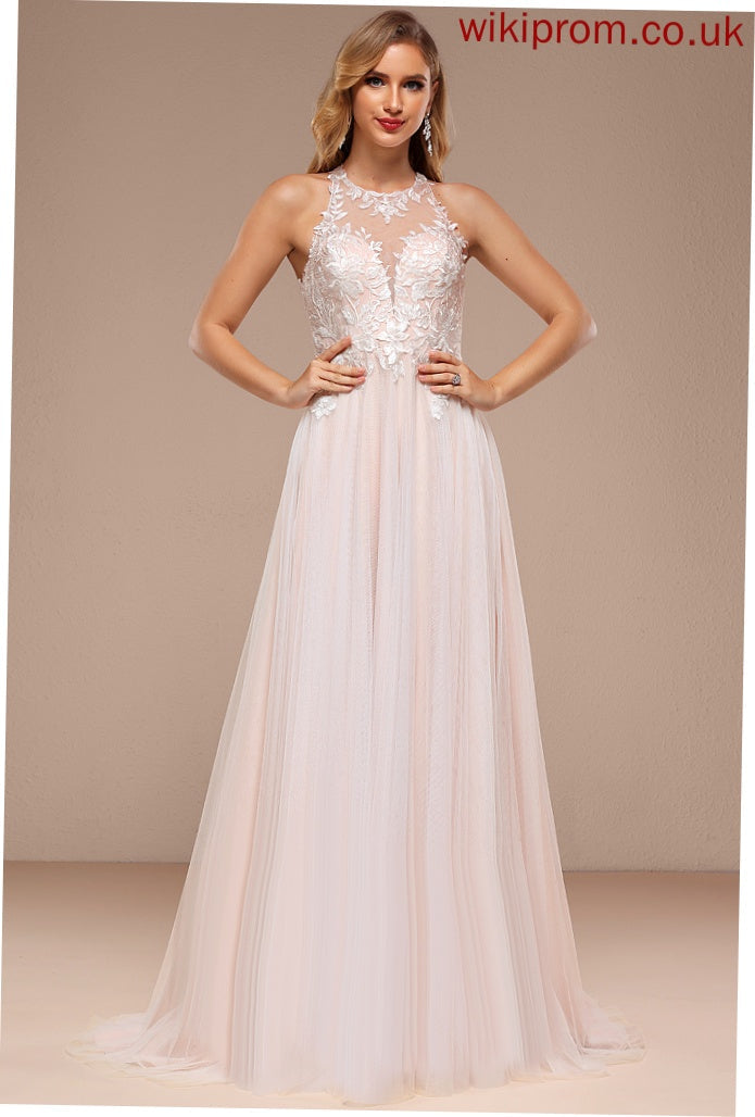 A-Line Dress Marlee Lace Sweep Beading Halter Sequins Wedding Train Wedding Dresses Tulle With