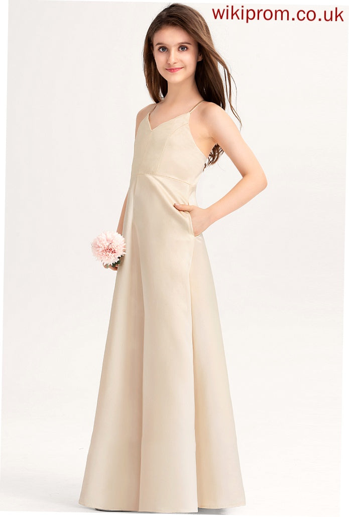 Junior Bridesmaid Dresses With Pockets Janessa A-Line Satin Floor-Length V-neck