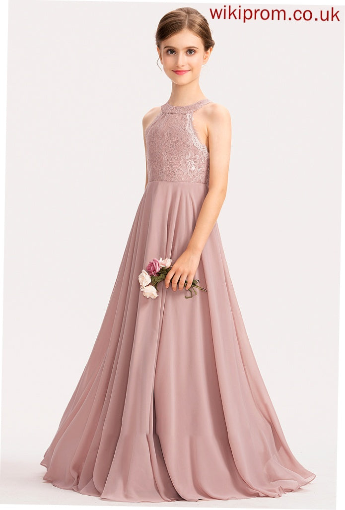 A-Line Lace Junior Bridesmaid Dresses Jaida Neck Chiffon Floor-Length Scoop