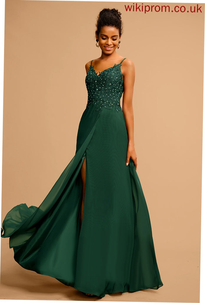 Prom Dresses A-Line With Chiffon Sequins Floor-Length Beading Hailee Lace V-neck