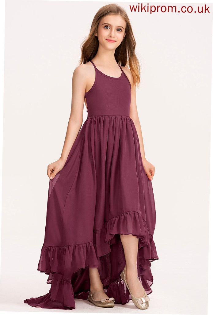 Bow(s) Cascading Scoop Chiffon With Muriel A-Line Asymmetrical Junior Bridesmaid Dresses Neck Ruffles