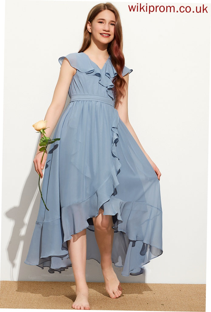 Chiffon Bow(s) Ruffles Cascading V-neck With A-Line Vivien Junior Bridesmaid Dresses Asymmetrical