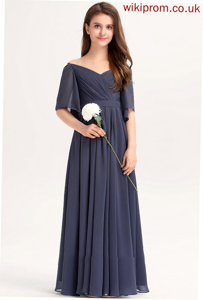 Maci Bow(s) Junior Bridesmaid Dresses Ruffle A-Line Off-the-Shoulder Floor-Length Chiffon With