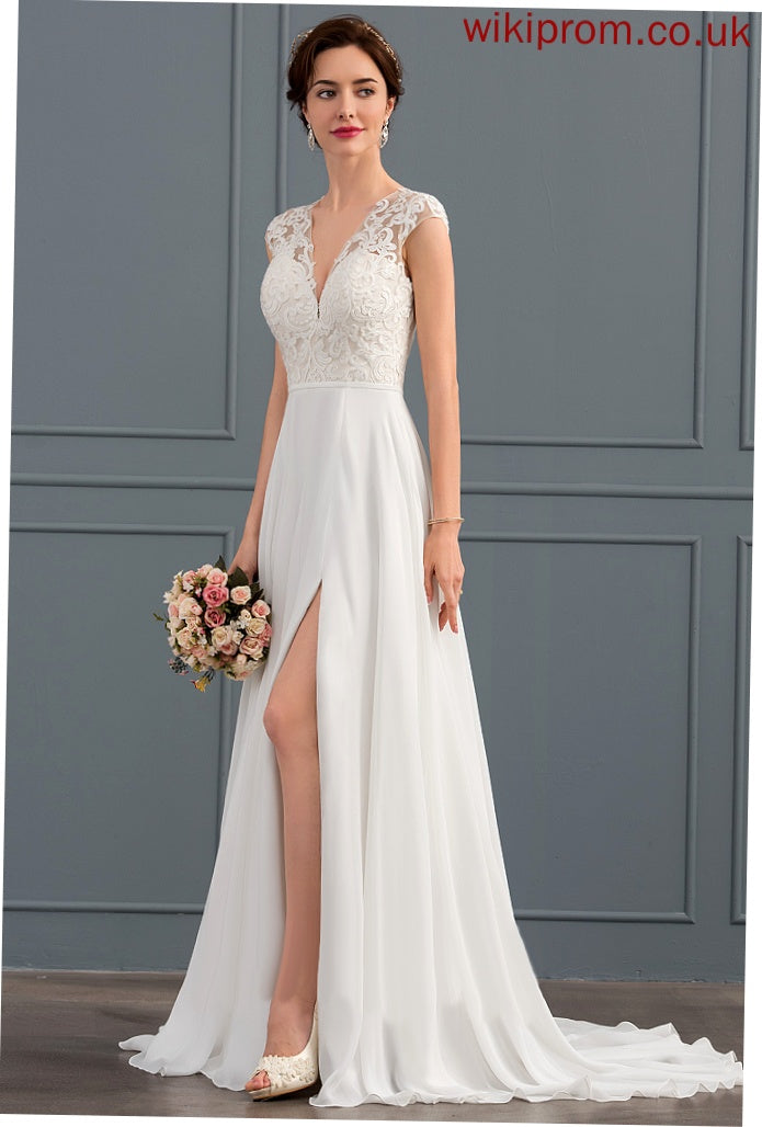 Split With Kassidy Lace Dress Chiffon A-Line Train Sweep V-neck Front Wedding Dresses Wedding