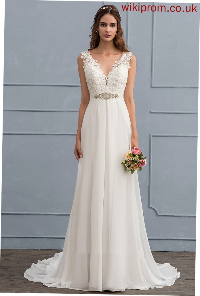 Beading Sequins Train Lace A-Line Court Dress Wedding Anabella V-neck Chiffon Wedding Dresses With