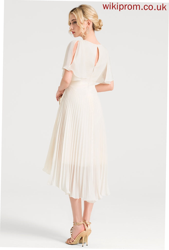 With A-Line Chiffon Scoop Asymmetrical Sherry Cocktail Dresses Neck Dress Pleated Cocktail