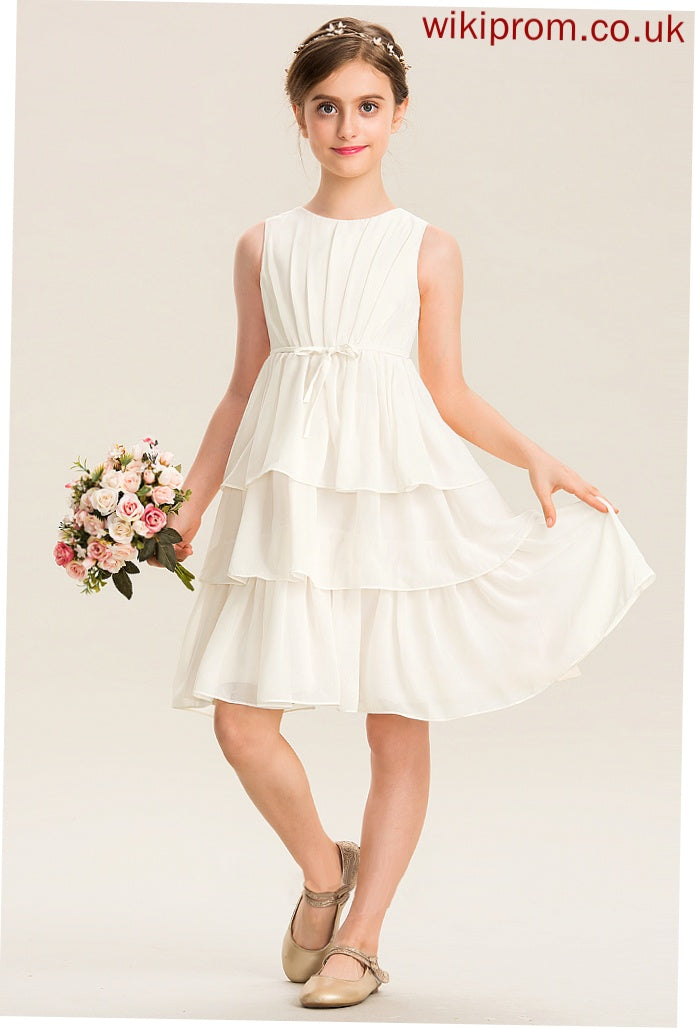 Scoop Junior Bridesmaid Dresses Cascading A-Line Bow(s) Chiffon Ruffles Undine With Knee-Length Neck