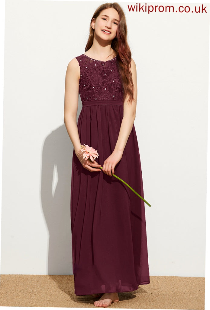 A-Line Sequins Leyla Lace Neck Chiffon Junior Bridesmaid Dresses With Floor-Length Scoop Beading