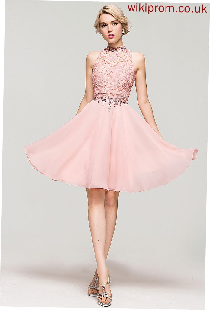 A-Line Homecoming With Sequins Chiffon Neck Dress Knee-Length Kelly Lace Homecoming Dresses Beading High