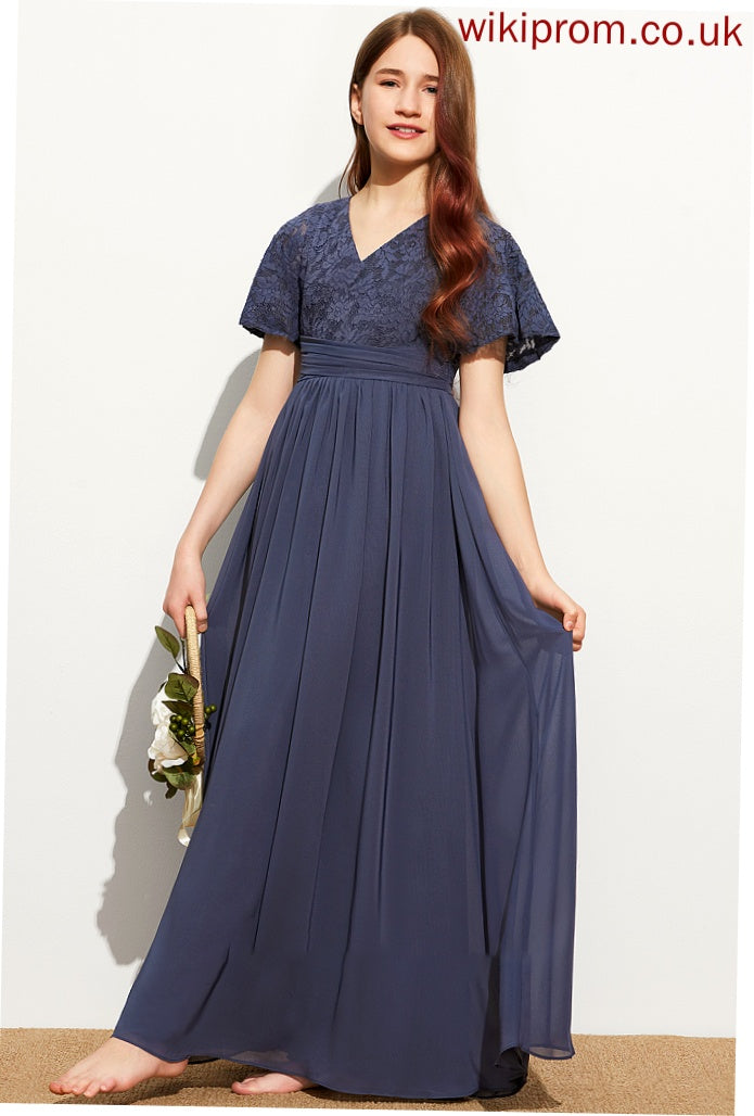 Chiffon Junior Bridesmaid Dresses A-Line With Bow(s) V-neck Floor-Length Marcie Lace