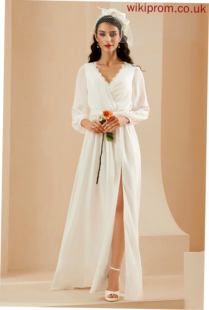 Wedding Casey Front A-Line Chiffon Dress Floor-Length Wedding Dresses With Split Lace V-neck