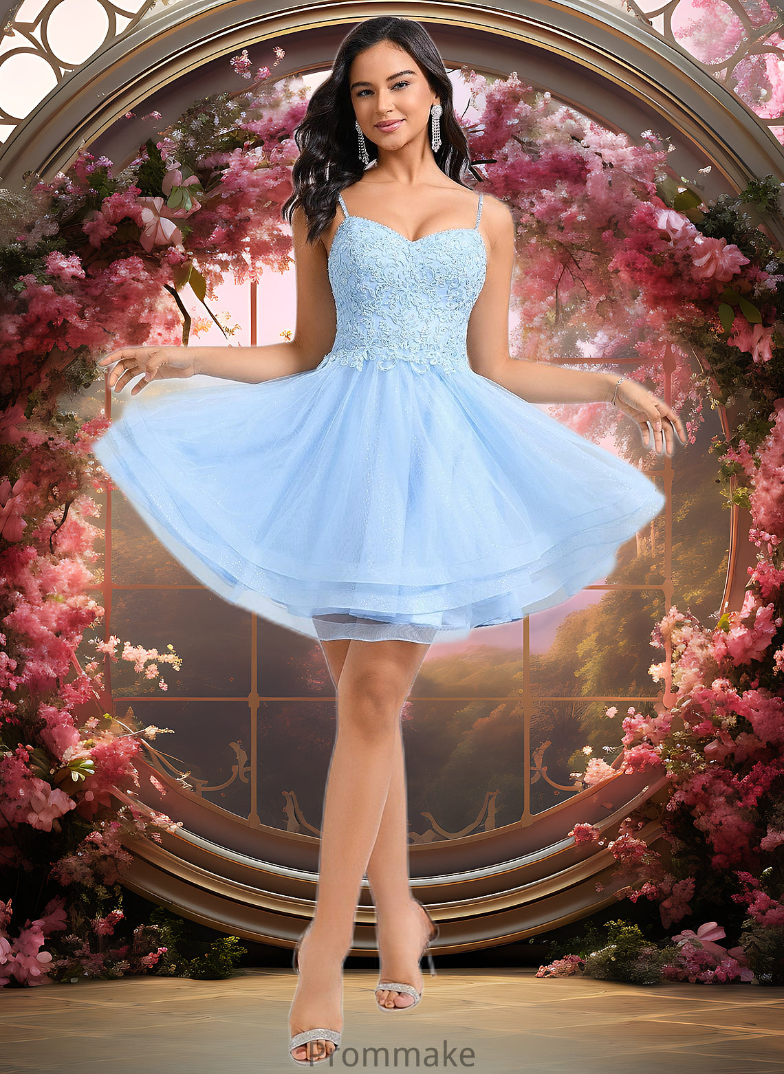 Chana A-line V-Neck Short Lace Tulle Homecoming Dress With Rhinestone Sequins DUP0025658