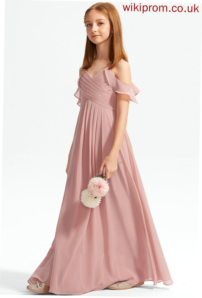 Cascading A-Line Off-the-Shoulder Carleigh Chiffon With Floor-Length Ruffles Junior Bridesmaid Dresses