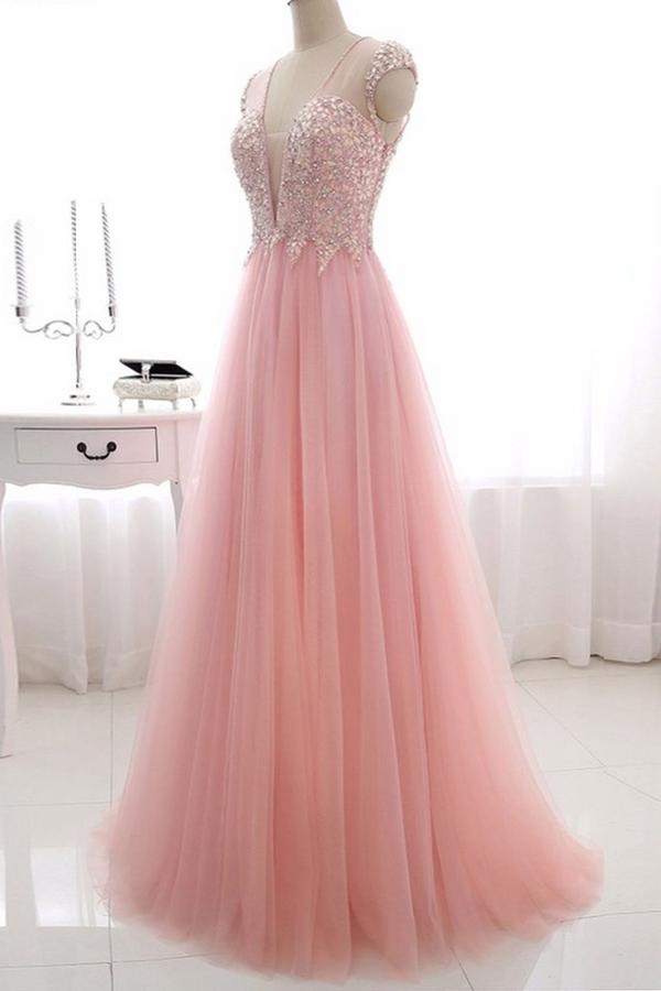 Delicate Pink V Neck With Beading Tulle See Through Back Prom Dresses