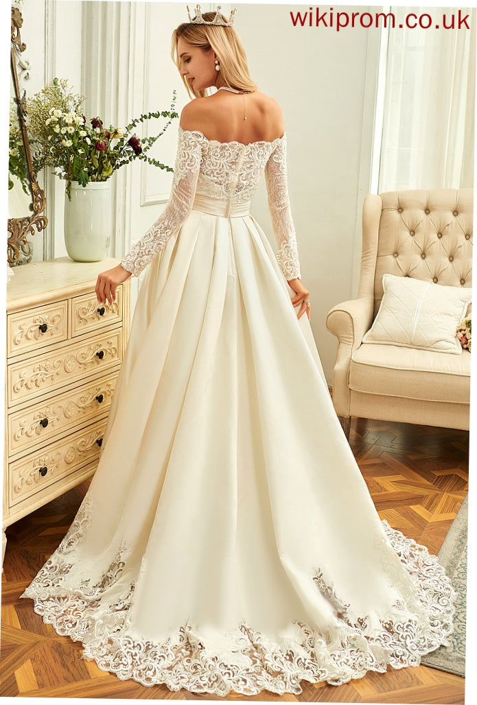 With Beading Off-the-Shoulder Wedding Dresses Dress Lace Satin Ball-Gown/Princess Wedding Sweep Elaina Sequins Train