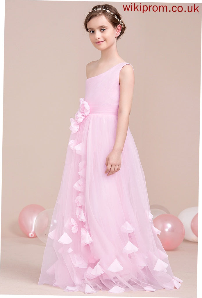 Tulle One-Shoulder Floor-Length A-Line Junior Bridesmaid Dresses With Ruffle Athena Flower(s)