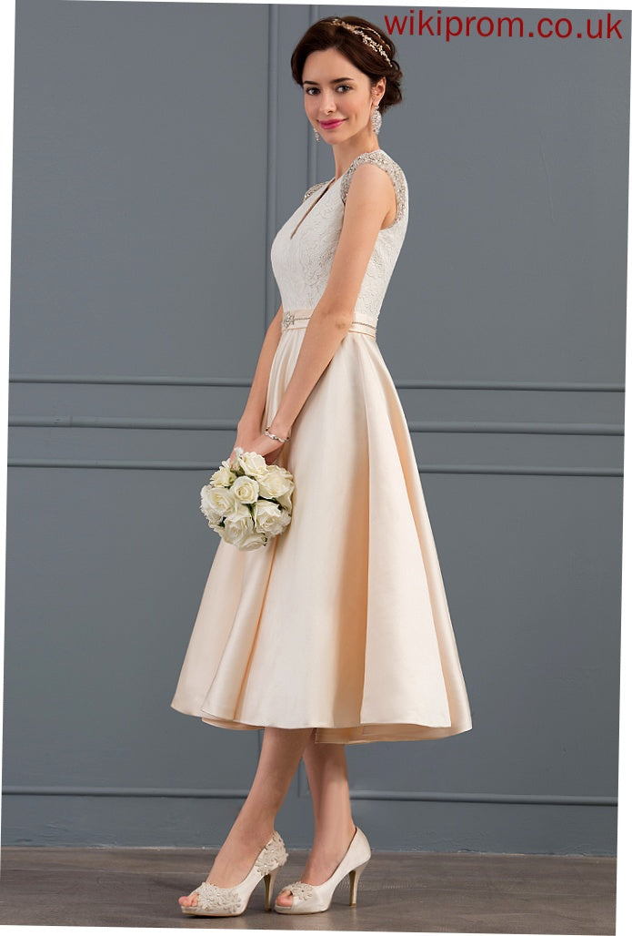 Satin Wedding Lace A-Line Jewel Wedding Dresses V-neck Tea-Length With Sequins Beading Dress