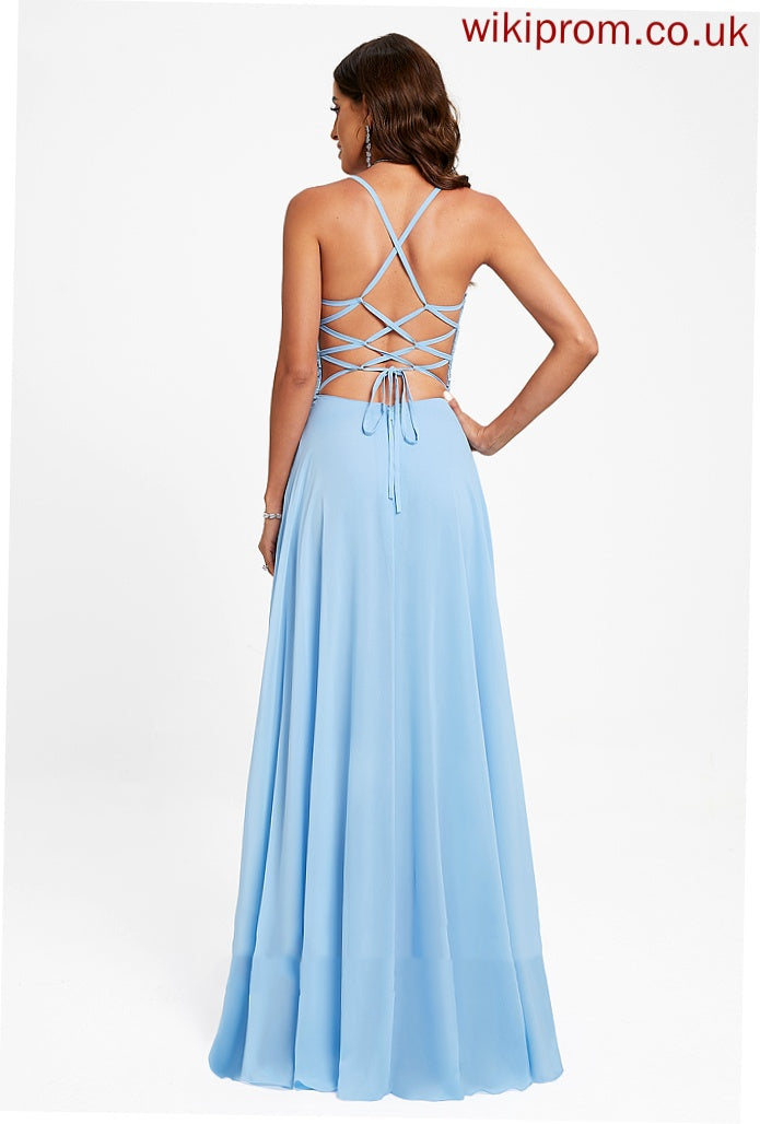 Chiffon V-neck Prom Dresses Sally Floor-Length Lace A-Line