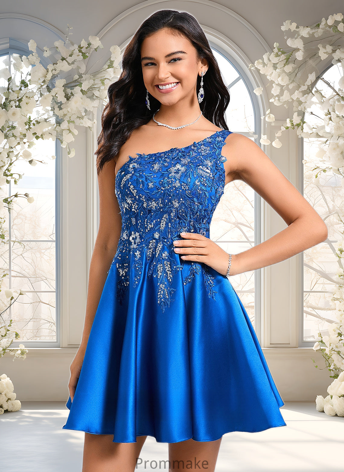 Tamara A-line One Shoulder Short Satin Homecoming Dress With Appliques Lace Sequins DUP0025657