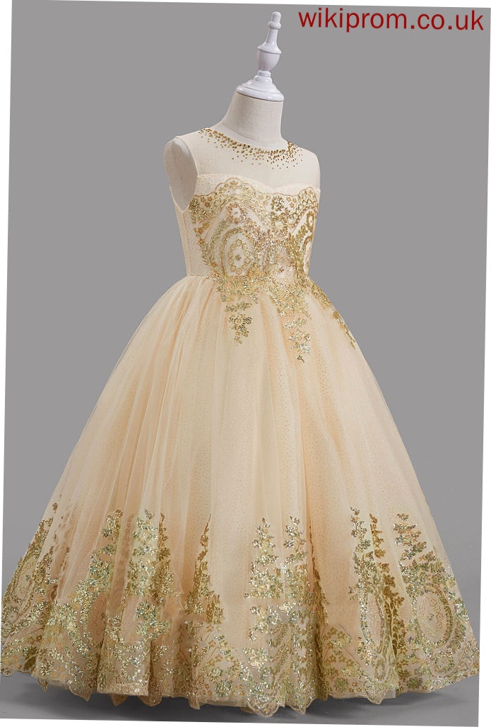 Flower Girl Esther Ball-Gown/Princess Flower Girl Dresses Floor-length - With Dress Tulle Sleeveless Beading Neck Scoop