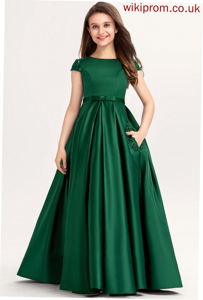 Lace Ball-Gown/Princess Neck Bow(s) Satin Floor-Length Pockets With Junior Bridesmaid Dresses Sophia Scoop