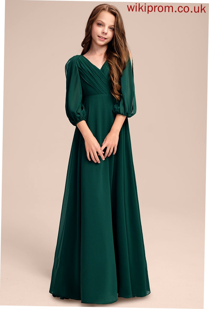 A-Line V-neck Chiffon With Millicent Ruffles Floor-Length Junior Bridesmaid Dresses