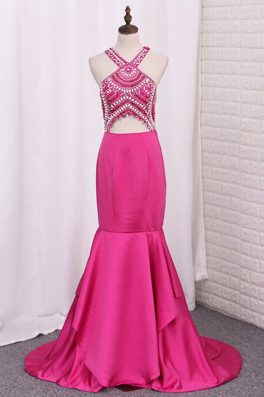 Prom Dresses Mermaid V Neck Beaded Bodice Satin Open Back