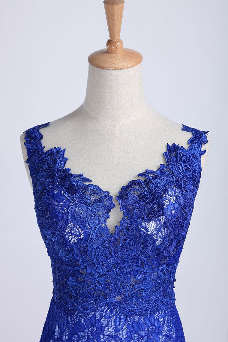 Evening Dresses Bateau Mermaid With Deep V Shape Back Lace&Tulle Dark Royal Blue