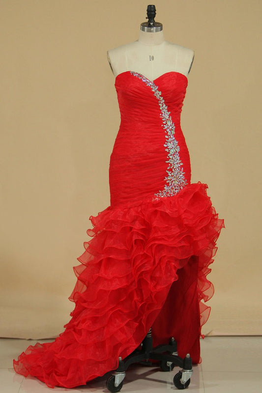 Red Sexy Prom Dresses Mermaid/Trumpet High Low Organza