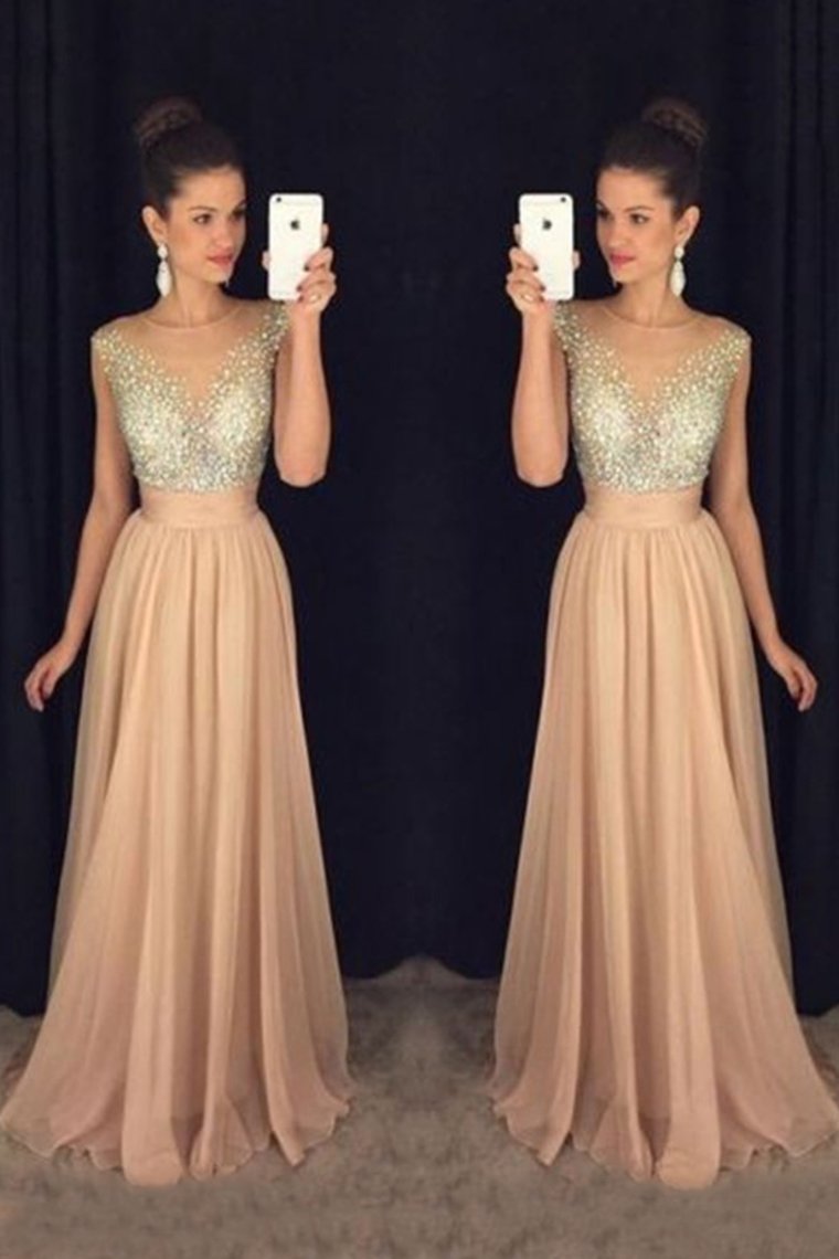 Scoop Prom Dresses A-Line Chiffon With Beaded Bodice And Ruffles