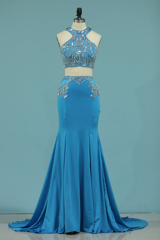 High Neck Two-Piece Prom Dresses Mermaid Spandex With Beading